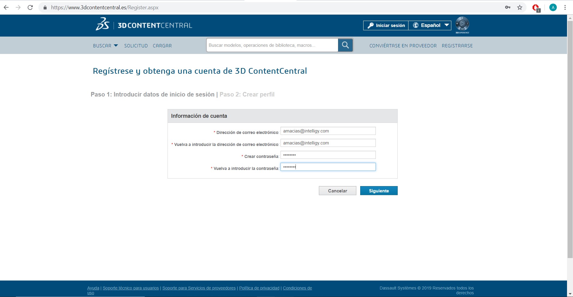Paso 3 para crear una cuenta registro en Content Central SolidWorks